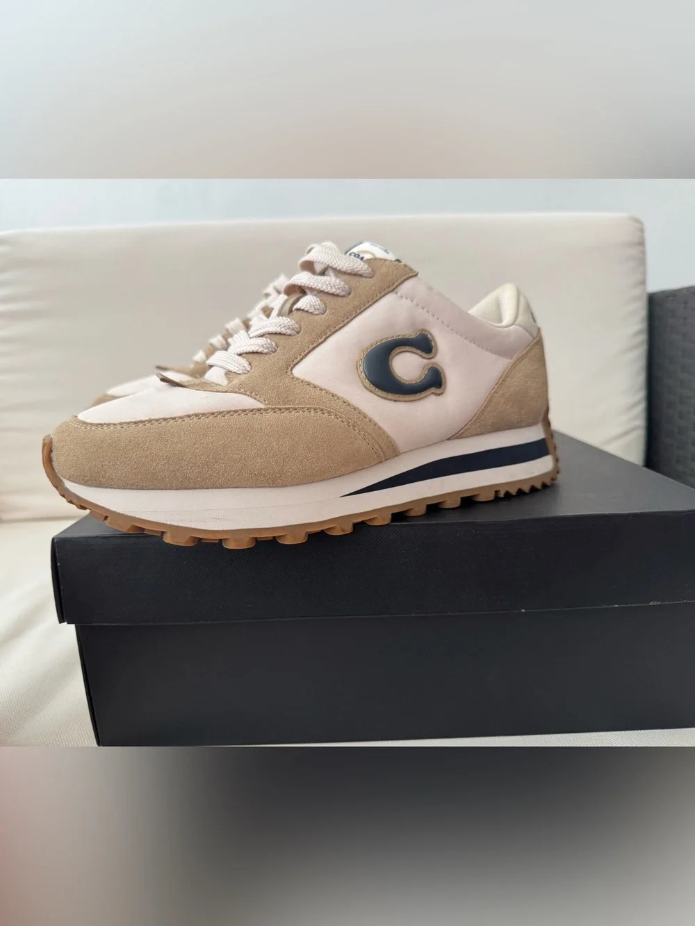 COACH Cream & Tan Runner Sneakers with Navy 'C'— USED ONCE - Picture 2 of 4